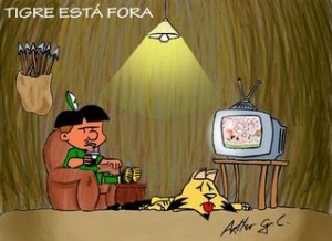 O Índio (símbolo da Chape alusivo aos habitantes nativos da região) a matear e o Tigre (símbolo do Criciúma)